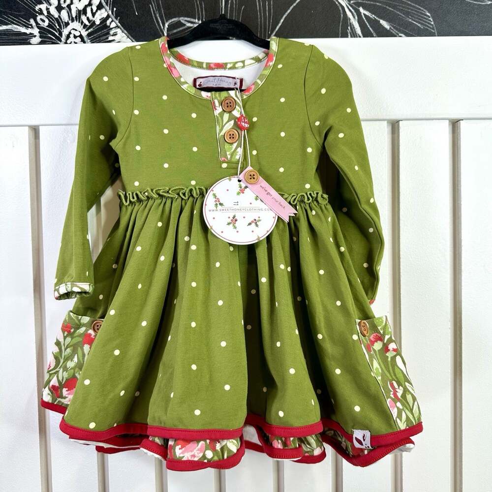 NWT SweetHoney 18M Christmas Dress Green Red Polka Dot Floral Holiday Girls